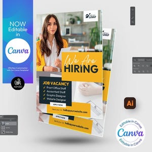 Puede incluir: Un cartel amarillo y negro con el texto "We Are Hiring" y una lista de vacantes: personal de oficina, personal contable, diseñador gráfico y diseñador web. El cartel también incluye el texto "Aplicar ahora" y una dirección de sitio web.