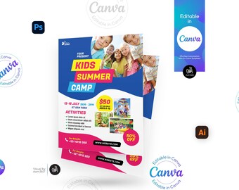 Kids Summer Camp Flyer Vorlage: Bearbeitbare Canva, PSD, AI (Digitale Datei)
