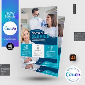 May include: A blue and white flyer advertising dental clinic services. The flyer features a dentist examining a patient's teeth. The text on the flyer reads "Dental Clinic Service" and "Treat your teeth with our professional team".