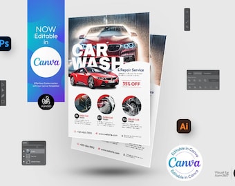 Op de afbeelding: Een flyer die autowas- en reparatiediensten adverteert. De flyer toont een rode auto en de tekst "CAR WASH & Repair Service 35% OFF".