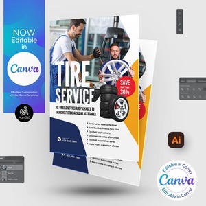 May include: A blue and yellow flyer with the text "Tire Service" in white. The flyer advertises tire service and includes a photo of a mechanic working on a tire. The flyer also includes the text "Save up to 30%".