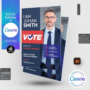Könnte beinhalten: Ein blauer und roter politischer Wahlflyer mit einem Foto eines Mannes im Anzug und Krawatte. Der Flyer lautet "Ich bin Johan Smith" und "Wählen Sie für den Stadtrat". Er listet auch "Nachhaltige Entwicklung", "Klimaschutz" und "Flüchtlingsfreundliche Politik" als Prioritäten auf.