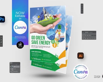 Solar Energy Flyer Template: Go Green Design (Canva, PSD, AI) (Digital File)