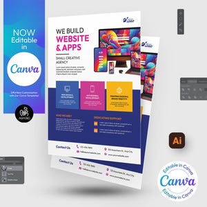 Può includere: Un volantino che pubblicizza i servizi di sviluppo di siti web e app. Il volantino presenta un design astratto colorato con un laptop, un tablet e un telefono. Il testo sul volantino recita "Costruiamo siti web e app" e "Piccola agenzia creativa".