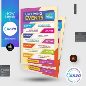 Pode incluir: Um folheto colorido com o texto "Eventos Iminentes" e "Julho 2033". O folheto lista eventos para 4 de julho, incluindo um show de fogos de artifício, um encontro e saudação, um evento de caridade, a coleta de lixo na praia, trabalho voluntário, alimentar os desabrigados e sessões de domingo.