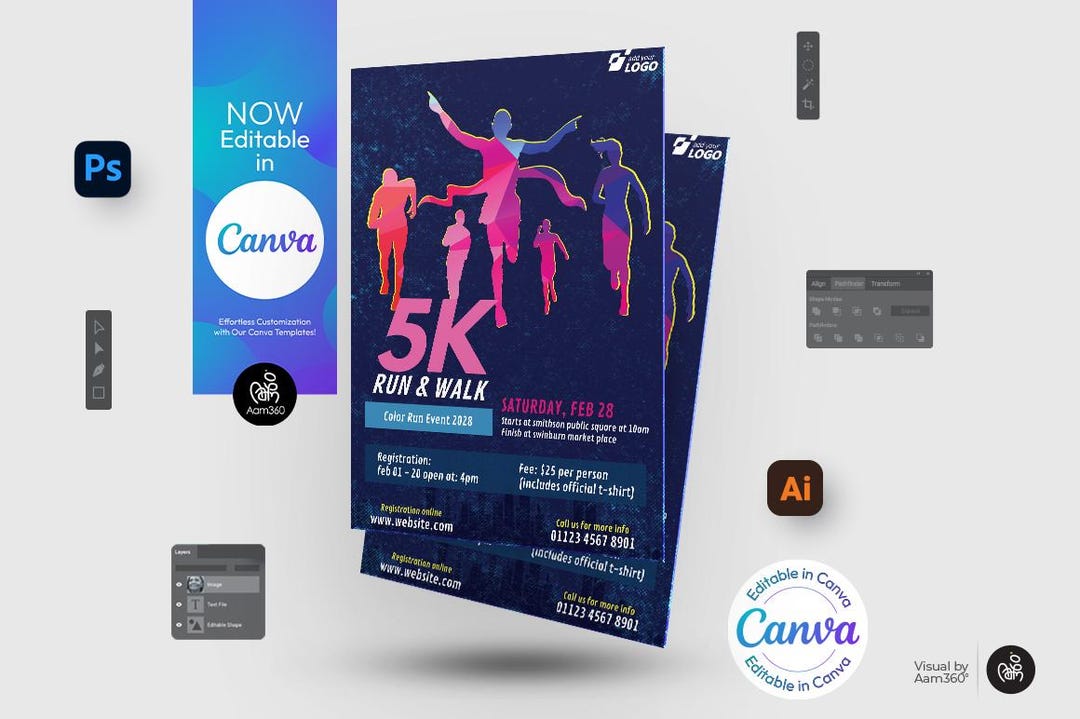 Editable Marathon & 5K Run Flyer Template (canva, PSD, AI) - Etsy