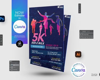 May include: A colorful flyer for a 5K run and walk event. The flyer features a blue background with a silhouette of runners in pink, purple, and blue. The text "5K Run & Walk" is in large, pink letters. The event is scheduled for Saturday, February 28th. The flyer includes registration information, fees, and contact information.