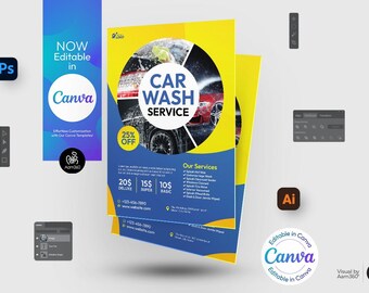 Op de afbeelding: Een gele en blauwe flyer die autowasdiensten adverteert. De flyer toont een foto van een auto die wordt gewassen en somt verschillende autowaspakketten met prijzen op. De tekst op de flyer luidt "Autowas Service" en "25% Korting".