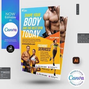 Puede incluir: Un folleto amarillo, azul y naranja que anuncia un gimnasio con el texto "Shape Your Body Join The Best Gym Today" y "24/7 Open". El folleto también incluye una lista de los servicios de entrenamiento que ofrece el gimnasio.