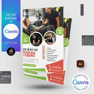 Könnte beinhalten: Ein grüner und roter Flyer, der ein Fitnessstudio mit dem Text "Tritt dem besten Fitnessstudio heute bei" und "Unsere Leistungen" mit einer Liste der angebotenen Leistungen bewirbt. Der Flyer enthält auch eine Telefonnummer und eine Website-Adresse.