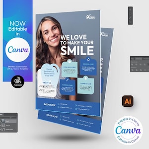 May include: A blue and white dental flyer featuring a smiling woman's face. The flyer states "We love to make your smile" and lists the dental services offered. The flyer also includes a "Book Now" button.