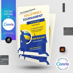 Bearbeitbare Flyer Vorlage für ein Beachvolleyball (Canva, PSD, AI, Doc)
