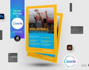 Plantilla de volante para torneo de voleibol: editable en Canva, PSD, AI, Doc (archivo digital)