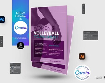 Plantilla de volante para torneo de voleibol: editable en Canva, PSD, AI, Doc (archivo digital)