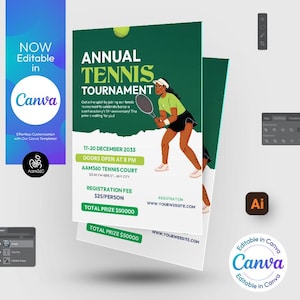 Canva Editable Tennis Tournament Flyer Template | Sports | Tennis championship | Photoshop & Illustrator | Digital File | Canva, PSD, AI
