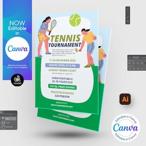 Canva Editable Tennis Tournament Flyer Template | Sports | Tennis championship | Photoshop & Illustrator | Digital File | Canva, PSD, AI