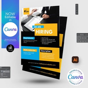 May include: A black and yellow flyer with the text "We Are Hiring" in white. The flyer includes requirements for the position, including minimum age, experience, and degree. It also includes a description of the position and a walk-in interview date and time.