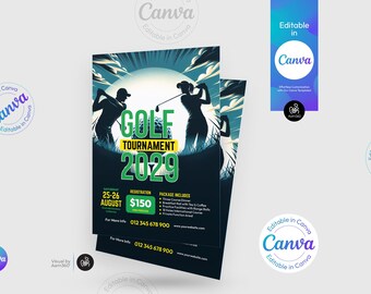 Szablon ulotki turnieju golfowego do edycji w serwisie Canva (plik cyfrowy)