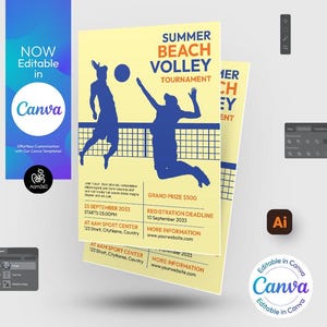 Beachvolleyball-Turnier Flyer Vorlage: Bearbeitbare Canva, PSD, AI (Digitale Datei)
