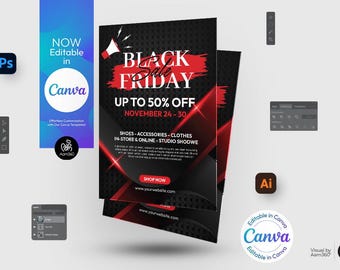 May include: Black Friday sale flyer with red and black graphic design. The flyer advertises up to 50% off on shoes, accessories, and clothes. The sale is valid from November 24th to 30th. Shop now at www.yourwebsite.com.