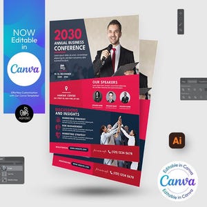Könnte beinhalten: Ein Flyer für eine jährliche Business-Konferenz im Jahr 2030 mit einem rot-blauen Farbschema. Der Flyer zeigt ein Foto eines Sprechers, eine Liste von Diskussionspunkten und Kontaktinformationen. Der Text auf dem Flyer lautet "Jährliche Business-Konferenz 2030", "Diskussionen und Erkenntnisse", "Unsere Referenten" und "AAMIR CENTER".