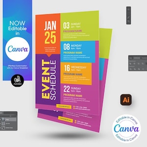 Puede incluir: Una plantilla de programación de eventos colorida con el texto "EVENT SCHEDULE" en letras moradas en negrita. La plantilla está dividida en secciones para cada día de la semana, con la fecha, el día de la semana y el nombre del programa enumerados en cada sección. La plantilla es editable en Canva.
