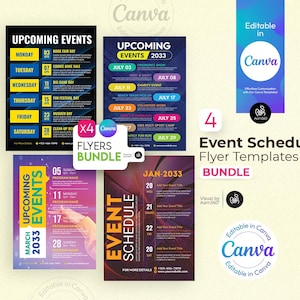 May include: Four colourful event schedule flyer templates for Canva. Each flyer features a different colour scheme and design, with a calendar layout and space for event details. The flyers are labelled "X4 Flyers Bundle".
