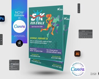 May include: A teal flyer for a 5K Run & Walk event, featuring runners and the text "5K Run & Walk Color Run Event 2028". Includes event details, registration information, and the Canva logo. Additional design elements are also visible.