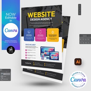 May include: A black and white flyer with a yellow, pink, and blue color scheme. The flyer advertises a website design agency. The text on the flyer reads "Website Design Agency" and "Who We Are?" The flyer also includes contact information.