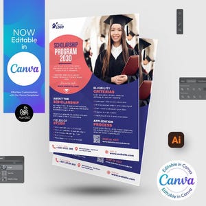 Canva Editable Scholarship Program Flyer Template | Graduation Flyer | Educational | Photoshop & Illustrator | Digital File | Canva, PSD, AI