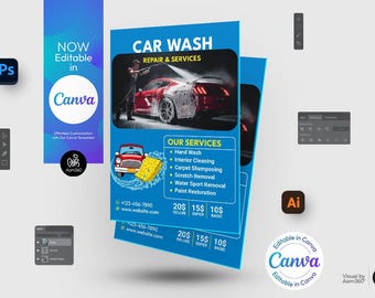 Editable Car Wash Flyer Template: Canva, PSD, AI (Digital File)