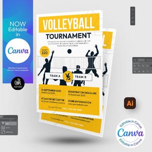 Canva Bearbeitbare Flyer Vorlage für ein Beachvolleyball (Digitale Datei)