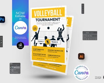 Plantilla editable de volante de torneo de voleibol de Canva (archivo digital)