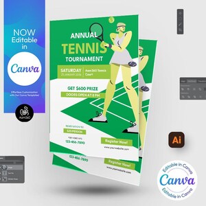 Canva Editable Tennis Tournament Flyer Template | Sports | Tennis championship | Photoshop & Illustrator | Digital File | Canva, PSD, AI