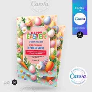 May include: A colorful Easter party invitation with a pink background and a border of pastel-colored eggs, carrots, and flowers. The text reads "Happy Easter" with the date "Saturday, April 25th". The invitation also includes the name of the DJ, "DJ Robert Smith", and the location, "Grand Center Park".