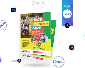 Modello di volantino per campi estivi per bambini: Canva modificabile, PSD, AI (file digitale)