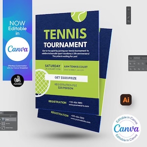 Canva Editable Tennis Tournament Flyer Template | Sports | Tennis championship | Photoshop & Illustrator | Digital File | Canva, PSD, AI