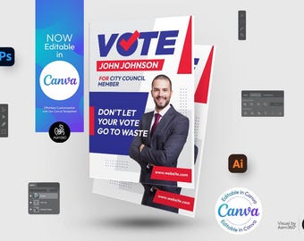 Bewerkbare sjabloon folder verkiezingskandidaat: politieke campagne (Canva, PSD, AI, DOC)