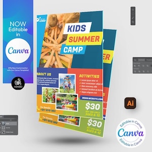 Canva 編集可能なキッズ サマー キャンプ チラシ テンプレート | キッズ アクティビティ | キッズ キャンプ チラシ | Photoshop & Illustrator | デジタル ファイル | Canva、PSD、AI