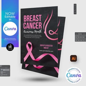 Op de afbeelding: Een zwarte krijtbordposter met een roze lint en de tekst "Maand van bewustwording van borstkanker". De poster bevat ook de tekst "Meld je aan en registreer je nu op www.yourwebsite.com".