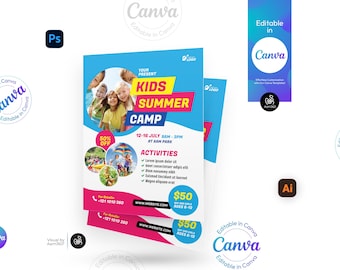 Modello di volantino per campi estivi per bambini: Canva modificabile, PSD, AI (file digitale)