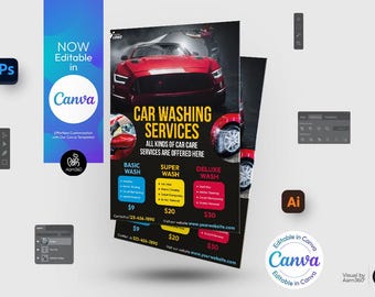 Op de afbeelding: Een flyer die autowasdiensten adverteert. De flyer toont een rode auto op een zwarte achtergrond met de tekst "Car Washing Services" en "Alle soorten autoverzorging worden hier aangeboden". De flyer vermeldt ook drie verschillende autowaspakketten: Basic Wash, Super Wash en Deluxe Wash, met prijzen van € 9, € 20 en € 30.