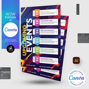 May include: A flyer with a colorful abstract design announces upcoming events. The flyer lists events for each day in April, including a meet and greet, volunteer work, feeding the homeless, a fireworks show, and more. The flyer is editable in Canva.