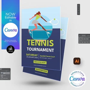 Canva Editable Tennis Tournament Flyer Template | Sports | Tennis championship | Photoshop & Illustrator | Digital File | Canva, PSD, AI