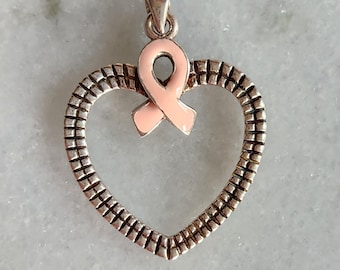 Sterling Silver Pink Ribbon Heart Pendant, Breast Cancer Awareness Jewelry, Support Gift