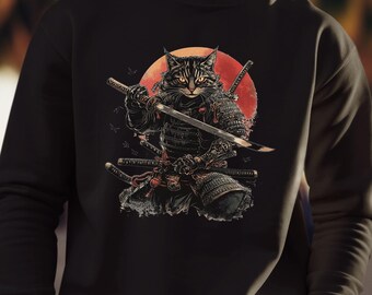 Samurai Cat Sweatshirt, Ninja Warrior Cat Hoodie, Japanese Aesthetic Katana Graphic Pullover, Anime Fantasy Unisex Gift, Retro Cat Tees