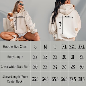 May include: Hoodie size chart with measurements for body length, chest width, and sleeve length. The chart shows sizes S, M, L, XL, 2XL, and 3XL. The measurements are in inches.