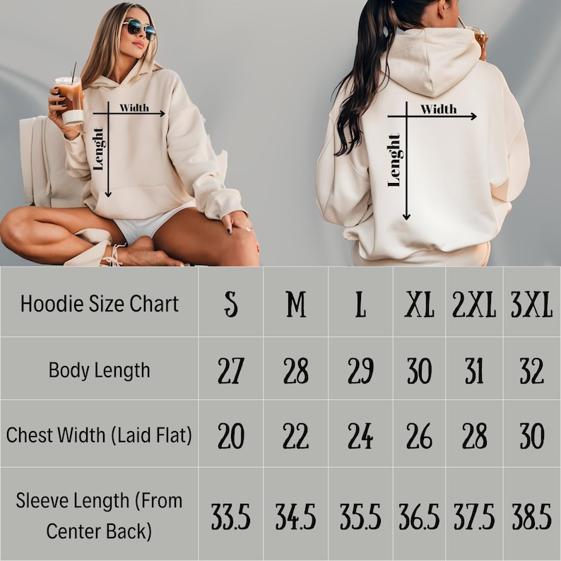 May include: Hoodie size chart with measurements for body length, chest width, and sleeve length. The chart shows sizes S, M, L, XL, 2XL, and 3XL. The measurements are in inches.