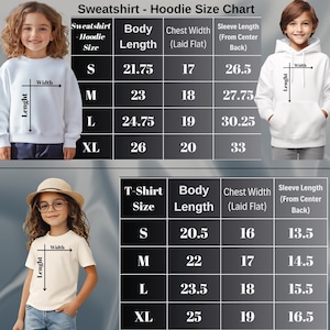 May include: A size chart for sweatshirts, hoodies, and t-shirts. The chart shows the size, body length, chest width, and sleeve length for each garment. The chart is divided into two sections, one for sweatshirts and hoodies and one for t-shirts. The chart is displayed on a white background with black text.