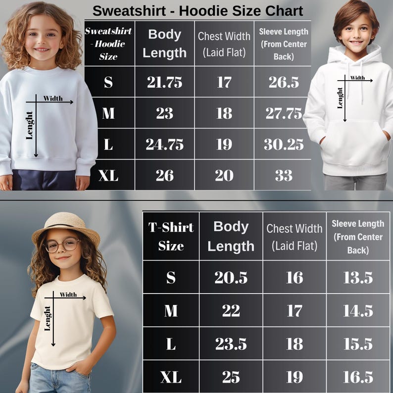 May include: A size chart for sweatshirts, hoodies, and t-shirts. The chart shows the size, body length, chest width, and sleeve length for each garment. The chart is divided into two sections, one for sweatshirts and hoodies and one for t-shirts. The chart is displayed on a white background with black text.